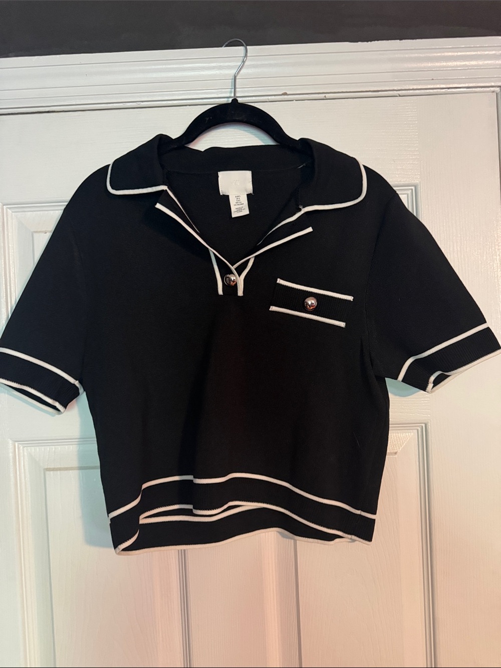Black Knit Polo Top with White Piping